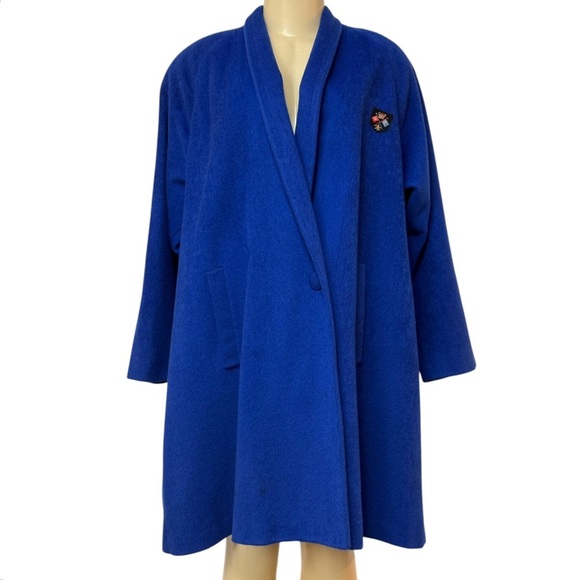 Vintage 70s Larry Levine Women Union Made ILGWU Blue Wool Crest Embroidered Coat - Picture 2 of 15